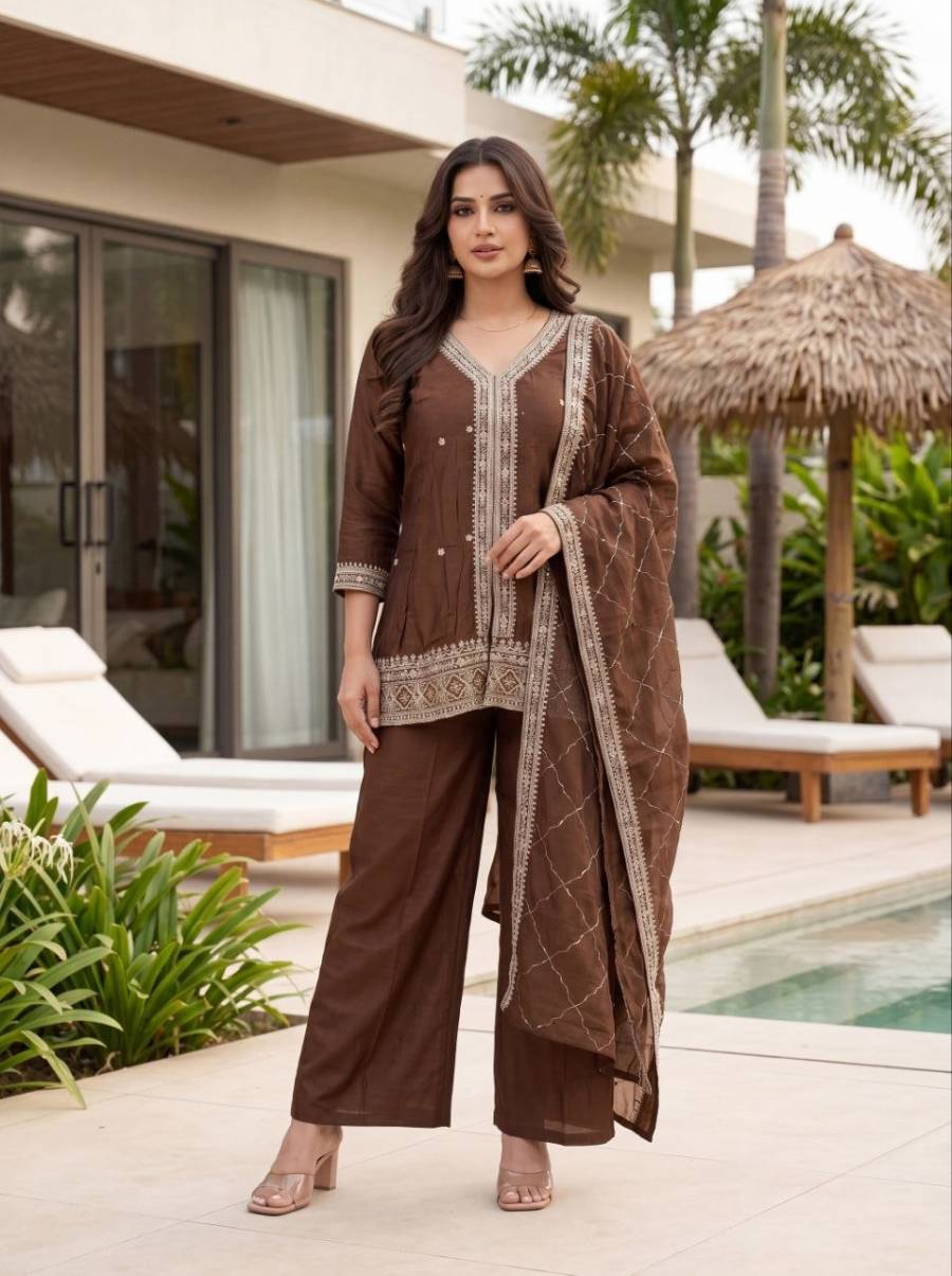 MODERN VICHITRA SILK SEQUENCE CODING EMBROIDERY WORK TOP BOTTOM WITH DUPATTA FESTIVE WEAR WHOLESALE PRICE ETHNIC GARMENT (8)