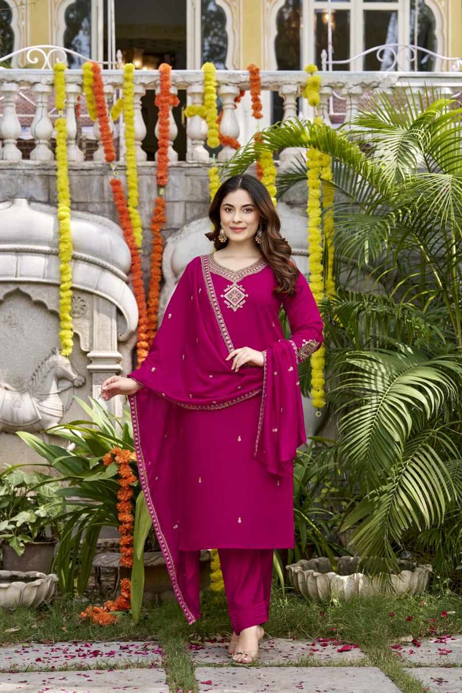 MODERN VISCOSE CHANDERI SEQUENCE CODING EMBROIDERY WORK TOP BOTTOM WITH DUPATTA FESTIVE WEAR WHOLESALE PRICE ETHNIC GARMENT (2)