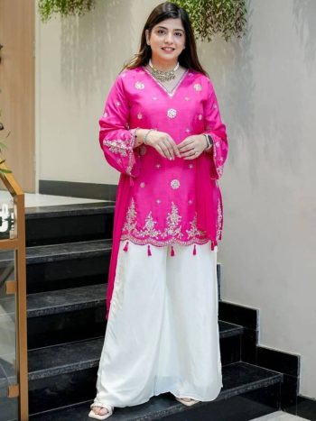 MODERN VISCOSE SILK SEQUENCE CODING EMBROIDERY WORK TOP PALAZZO WITH DUPATTA PINK