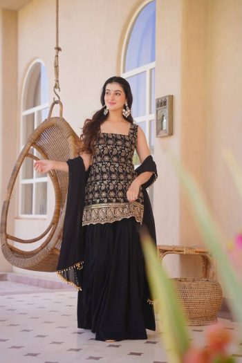 MOST PICKED GEORGETTE EMBROIDERY SEQUENCE WORK TOP SHARARA WITH DUPATTA BLACK