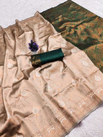 MOST TRENDING BANARASI SILK FLOWERS AND MINA & ZARI WEAVING RICH PALLU WITH UNIQUE BORDER WORK SAREE WITH UNSTITCHED CREAM AND GREEN