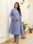 NEW ARRIVAL CAMBRIC COTTON BORING CHIKAN KARI WORK TOP BOTTOM WITH DUPATTA LAVENDER