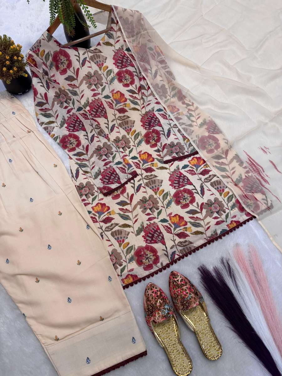 NEW ARRIVAL CAMBRIC COTTON PRINT WORK TOP PATIYALA WITH DUPATTA FESTIVE WEAR WHOLESALE PRICE ETHNIC GARMENT (1)