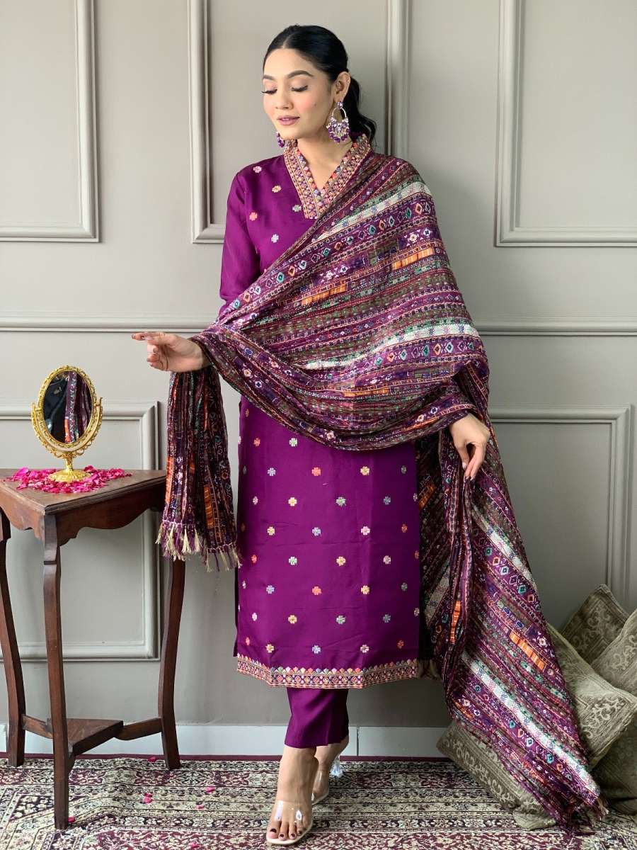 NEW ARRIVAL CHANDERI EMBROIDERY WORK TOP BOTTOM WITH DUPATTA CASUAL WEAR WHOLESALE PRICE ETHNIC GARMENT (10)