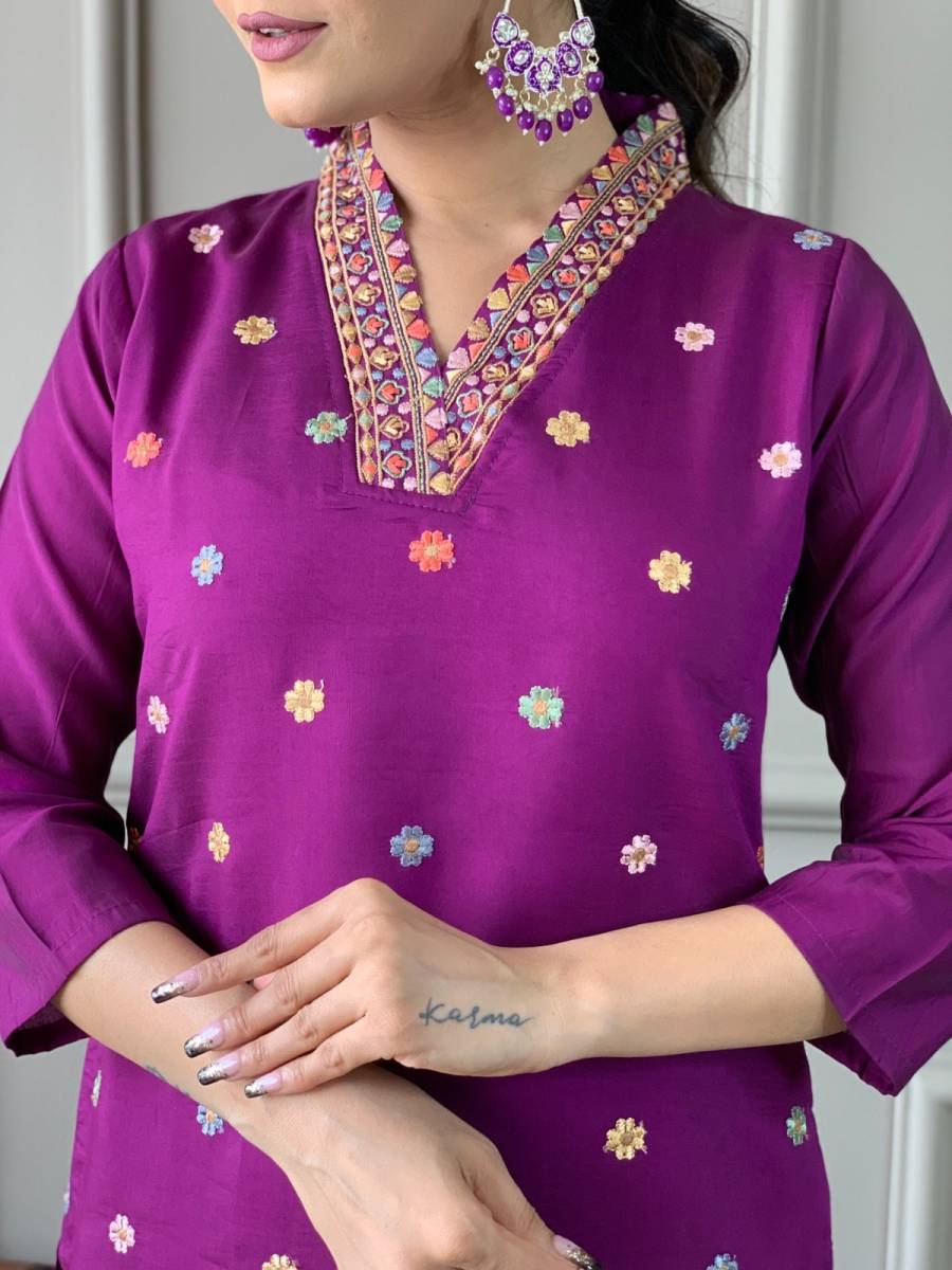 NEW ARRIVAL CHANDERI EMBROIDERY WORK TOP BOTTOM WITH DUPATTA CASUAL WEAR WHOLESALE PRICE ETHNIC GARMENT (16)