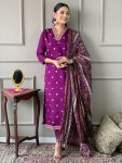 NEW ARRIVAL CHANDERI EMBROIDERY WORK TOP BOTTOM WITH DUPATTA CASUAL WEAR WHOLESALE PRICE ETHNIC GARMENT (19)