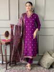 NEW ARRIVAL CHANDERI EMBROIDERY WORK TOP BOTTOM WITH DUPATTA PURPLE