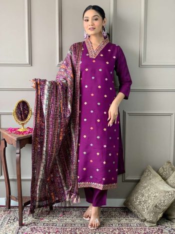NEW ARRIVAL CHANDERI EMBROIDERY WORK TOP BOTTOM WITH DUPATTA PURPLE