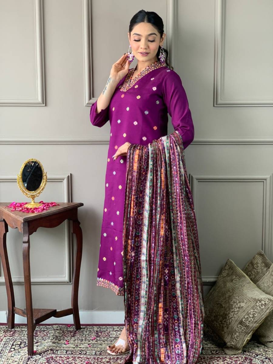 NEW ARRIVAL CHANDERI EMBROIDERY WORK TOP BOTTOM WITH DUPATTA CASUAL WEAR WHOLESALE PRICE ETHNIC GARMENT (21)