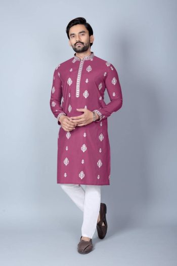 NEW ARRIVAL CHANDERI SILK THREAD WORK MEN'S KURTA PAYJAMA PINK