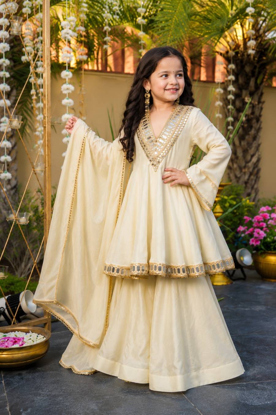 NEW ARRIVAL CHINON SILK EMBROIDERY WORK MIRROR LACE WORK KID'S TOP PALAZZO WITH DUPATTA FESTIVAL WEAR WHOLESALE PRICE ETHNIC GARMENT (2)