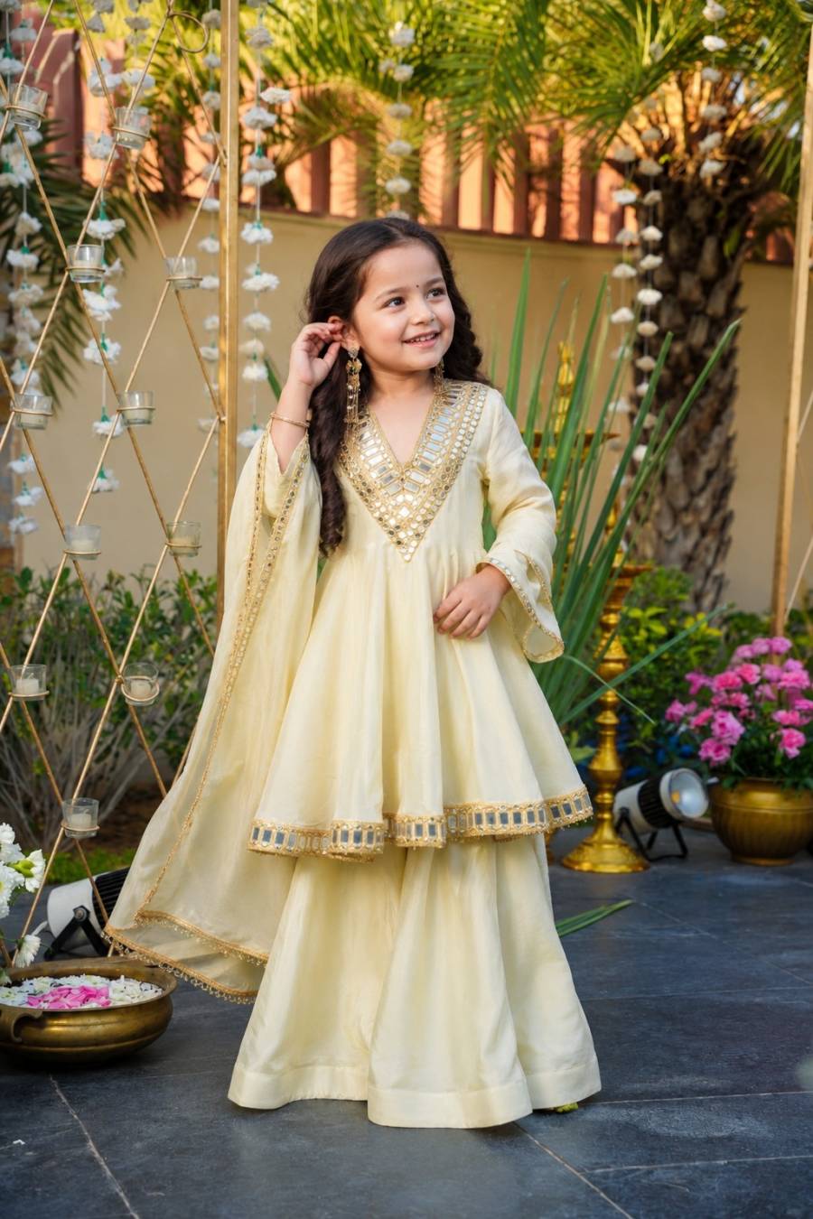 NEW ARRIVAL CHINON SILK EMBROIDERY WORK MIRROR LACE WORK KID'S TOP PALAZZO WITH DUPATTA FESTIVAL WEAR WHOLESALE PRICE ETHNIC GARMENT (3)
