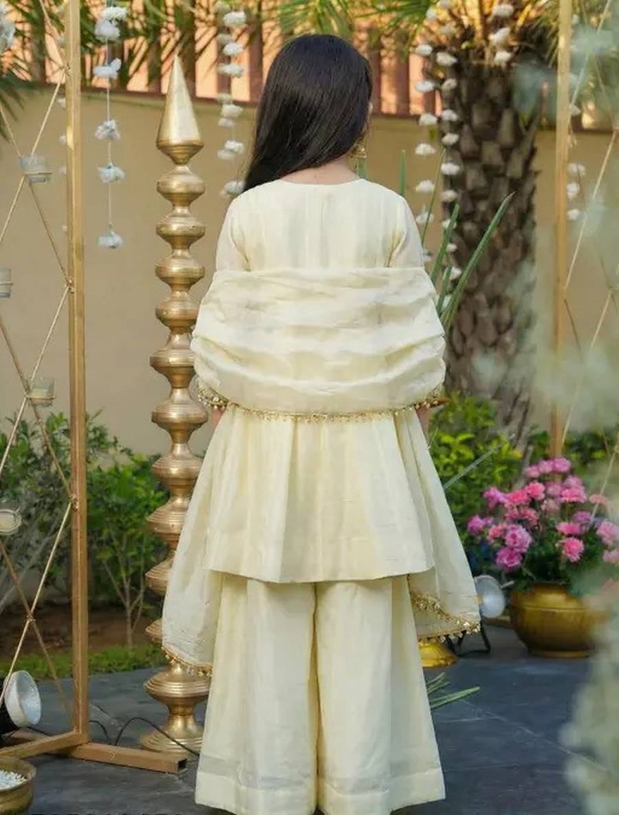 NEW ARRIVAL CHINON SILK EMBROIDERY WORK MIRROR LACE WORK KID'S TOP PALAZZO WITH DUPATTA FESTIVAL WEAR WHOLESALE PRICE ETHNIC GARMENT (4)