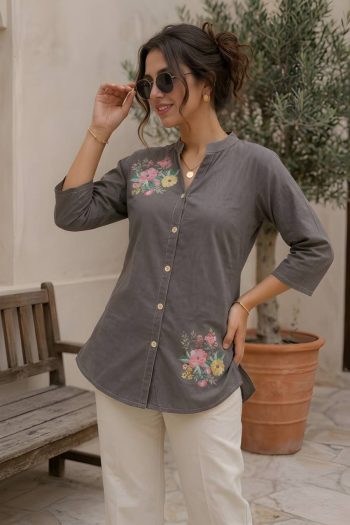 NEW ARRIVAL COTTON FLOWER PRINTED WORK TOP GREY