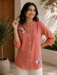 NEW ARRIVAL COTTON FLOWER PRINTED WORK TOP PEACH
