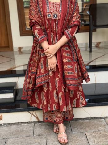 NEW ARRIVAL COTTON JAIPURI BAGRU PRINT WITH MIRROR WORK TOP BOTTOM WITH DUPATTA ORANGE