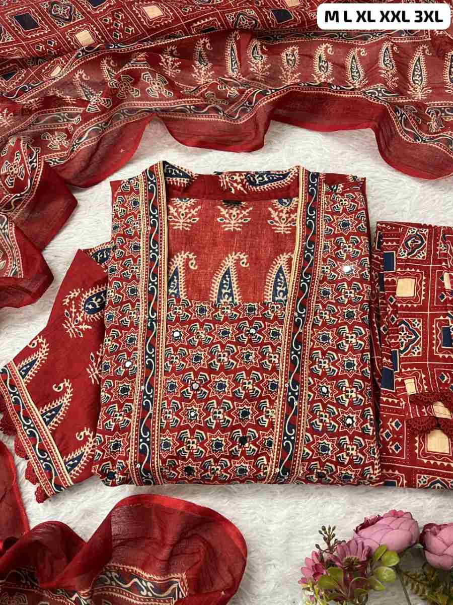 NEW ARRIVAL COTTON JAIPURI BAGRU PRINT WITH MIRROR WORK TOP BOTTOM WITH DUPATTA FESTIVE WEAR WHOLESALE PRICE ETHNIC GARMENT (3)