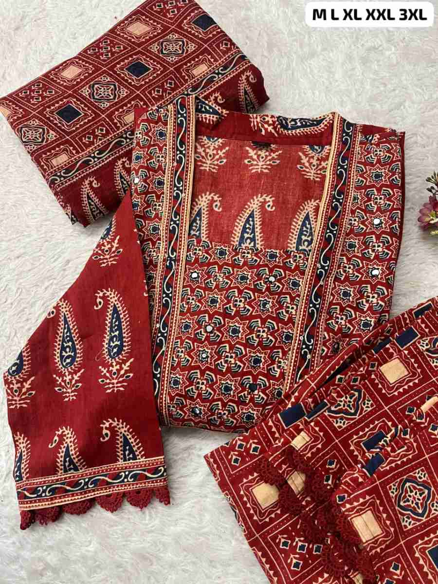 NEW ARRIVAL COTTON JAIPURI BAGRU PRINT WITH MIRROR WORK TOP BOTTOM WITH DUPATTA FESTIVE WEAR WHOLESALE PRICE ETHNIC GARMENT (8)