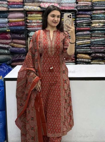 NEW ARRIVAL COTTON PRINT WORK TOP BOTTOM WITH DUPATTA ORANGE