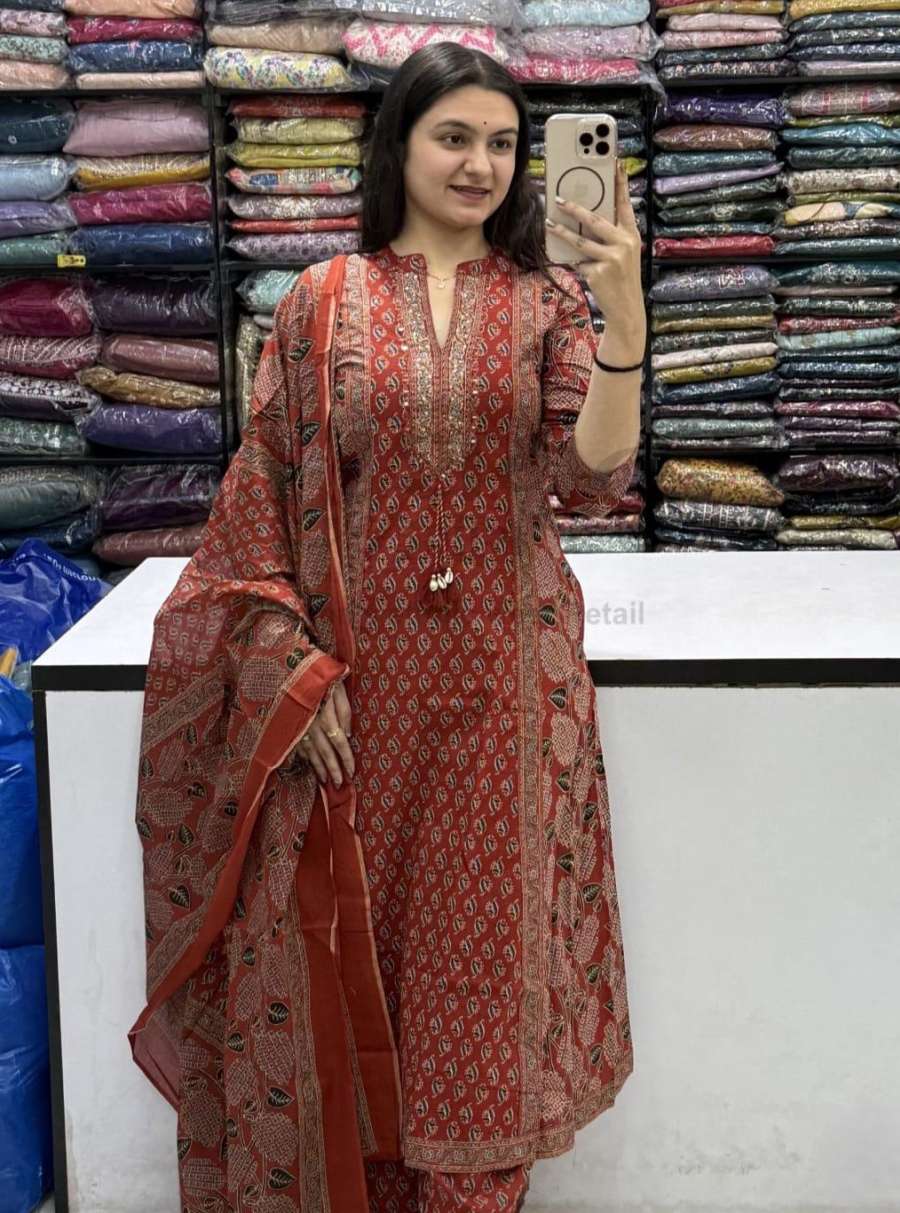 NEW ARRIVAL COTTON PRINT WORK TOP BOTTOM WITH DUPATTA OFFICE WEAR WHOLESALE PRICE ETHNIC GARMENT (1)