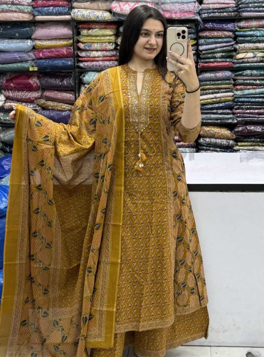NEW ARRIVAL COTTON PRINT WORK TOP BOTTOM WITH DUPATTA OFFICE WEAR WHOLESALE PRICE ETHNIC GARMENT (3)