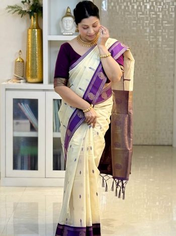 NEW ARRIVAL COTTON SILK WEAVING JACQUARD BORDER WORK SAREE WITH UNSTITCHED BLOUSE OFF WHITE AND PURPLE