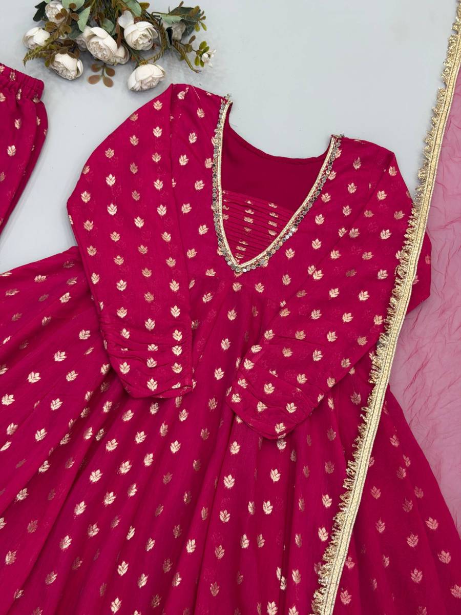 NEW ARRIVAL JACQUARD CHANDERI REAL MIRROR LACE WORK TOP PALAZZO WITH DUPATTA FESTIVE WEAR WHOLESALE PRICE ETHNIC GARMENT (14)