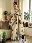 NEW ARRIVAL JAPAN SATIN GAJI SILK MILL PRINT WORK SAREE WITH UNSTITCHED BLOUSE CREAM
