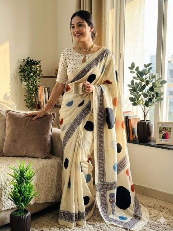 NEW ARRIVAL JAPAN SATIN GAJI SILK MILL PRINT WORK SAREE WITH UNSTITCHED BLOUSE CREAM