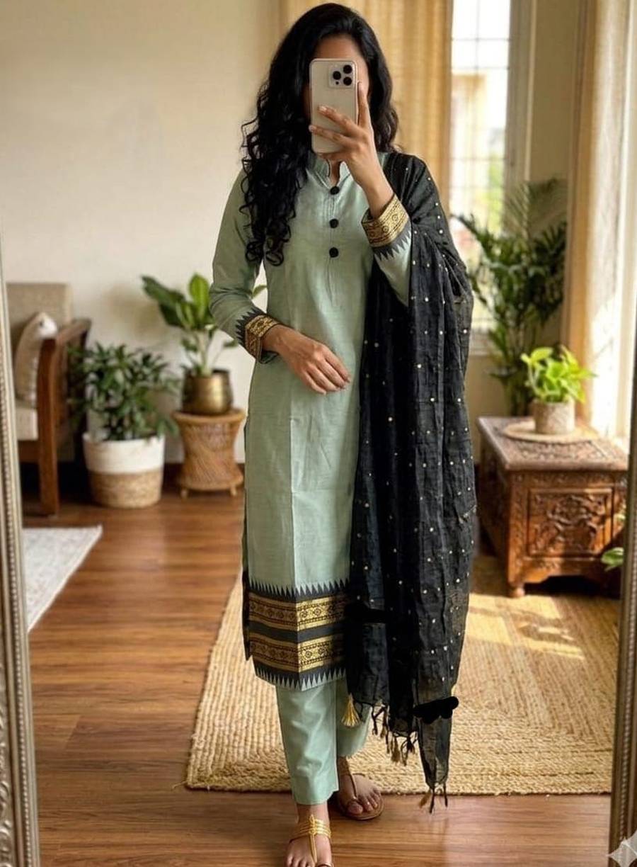 NEW ARRIVAL KANCHI COTTON ZARI KANCHI BORDER WORK TOP BOTTOM WITH DUPATTA FESTIVE WEAR WHOLESALE PRICE ETHNIC GARMENT (5)