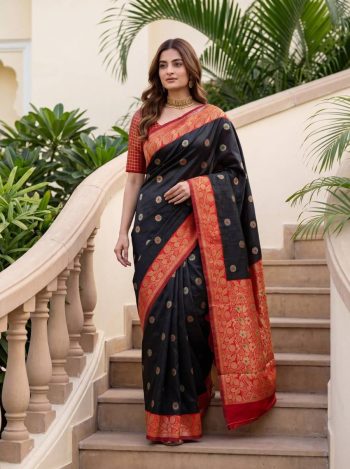NEW ARRIVAL LICHI SILK JACQUARD WORK SAREE WITH UNSTITCHED BLOUSE BLACK
