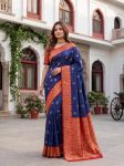 NEW ARRIVAL LICHI SILK JACQUARD WORK SAREE WITH UNSTITCHED BLOUSE NAVY BLUE
