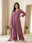 NEW ARRIVAL MUL CHANDERI HAND MIRROR WITH SEQUENCE EMBROIDERY AND CUTWORK TOP PALAZZO WITH DUPATTA LAVENDER