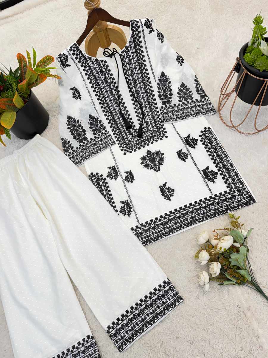 NEW ARRIVAL RAYON BUTTI SILK EMBROIDERY CHAIN STITCH WORK TOP PALAZZO SET CASUAL WEAR WHOLESALE PRICE ETHNIC GARMENT (10)