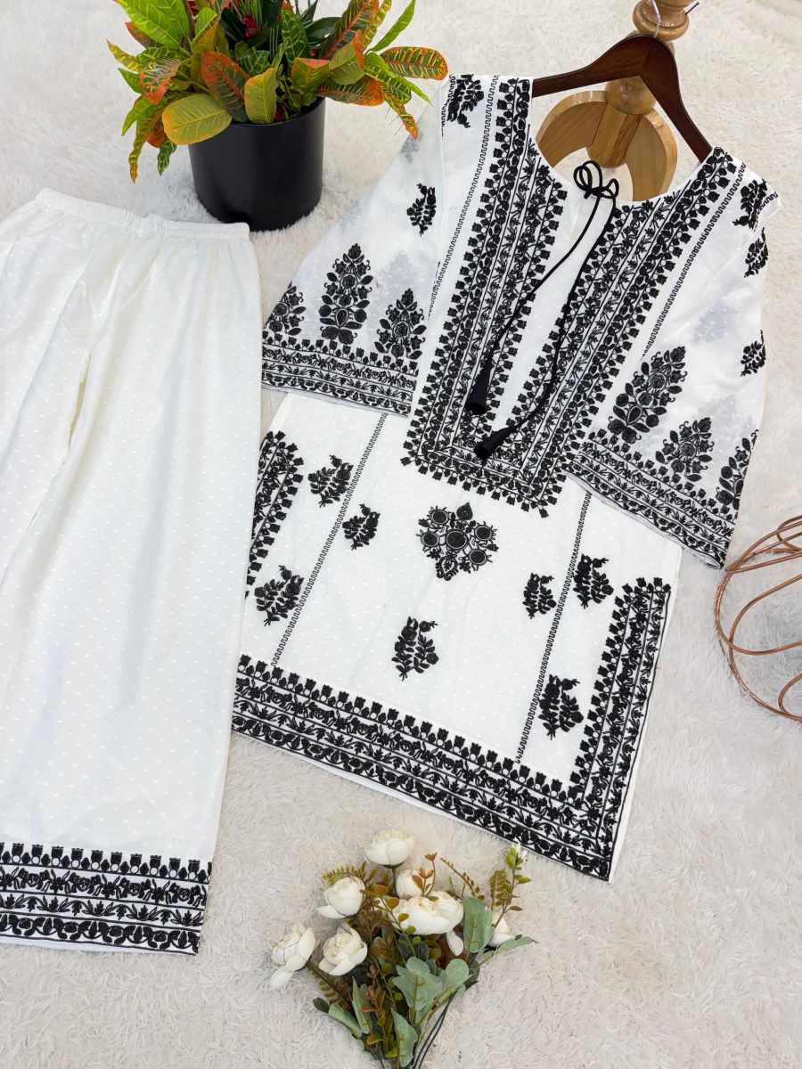 NEW ARRIVAL RAYON BUTTI SILK EMBROIDERY CHAIN STITCH WORK TOP PALAZZO SET CASUAL WEAR WHOLESALE PRICE ETHNIC GARMENT (11)