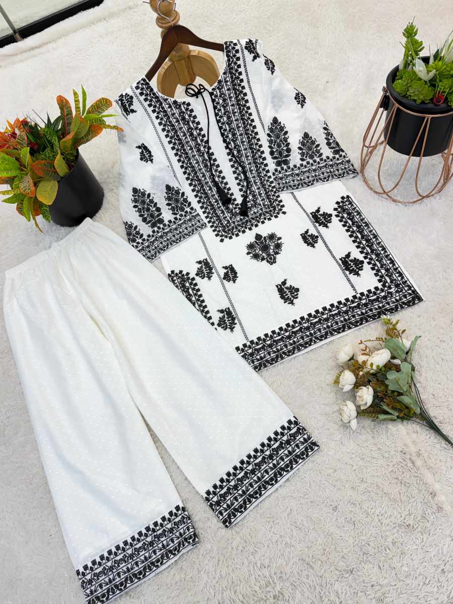 NEW ARRIVAL RAYON BUTTI SILK EMBROIDERY CHAIN STITCH WORK TOP PALAZZO SET CASUAL WEAR WHOLESALE PRICE ETHNIC GARMENT (14)