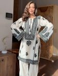 NEW ARRIVAL RAYON BUTTI SILK EMBROIDERY CHAIN STITCH WORK TOP PALAZZO SET WHITE AND BLACK