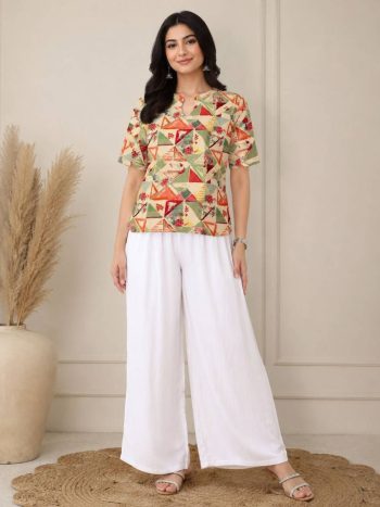 NEW ARRIVAL RAYON DIGITAL PRINT WORK TOP PALAZZO SET YELLOW AND WHITE
