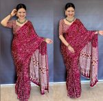 NEW ARRIVAL SATIN SILK PRINT WITH ORIGINAL MIRROR WORK WITH LACE WORK SAREE WITH UNSTITCHED BLOUSE MAROON