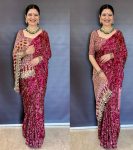 NEW ARRIVAL SATIN SILK PRINT WITH ORIGINAL MIRROR WORK WITH LACE WORK SAREE WITH UNSTITCHED BLOUSE PARTY WEAR WHOLESALE PRICE ETHNIC GARMENT (1)