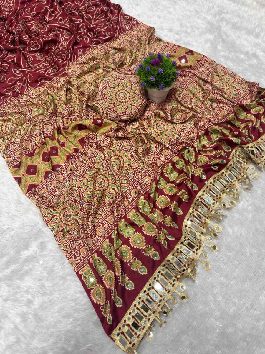 NEW ARRIVAL SATIN SILK PRINT WITH ORIGINAL MIRROR WORK WITH LACE WORK SAREE WITH UNSTITCHED BLOUSE PARTY WEAR WHOLESALE PRICE ETHNIC GARMENT (6)
