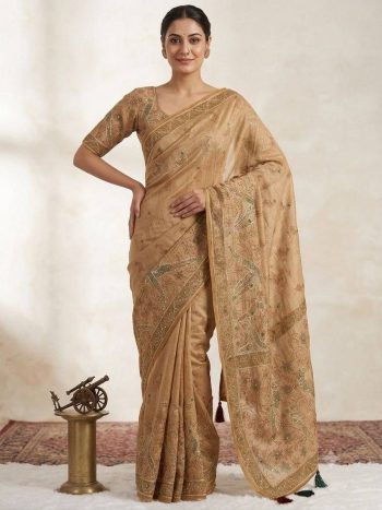 NEW ARRIVAL SHIMMER SILK DIGITAL PRINTED WITH AARI AND KHATLIWORK SAREE WITH UNSTITCHED BLOUSE CREAM