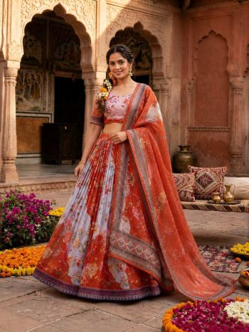 NEW ARRIVAL TABBY SILK DIGITAL PRINTED WITH EMBROIDERY WORK LEHENGA CHOLI WITH DUPATTA RED