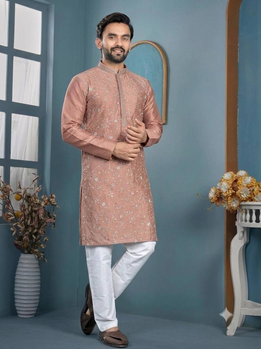 NEW ARRIVAL TRENDY SILK THREAD SEQUENCE WORK MEN'S KURTA PAYJAMA WEDDING WEAR WHOLESALE PRICE ETHNIC GARMENT (1)
