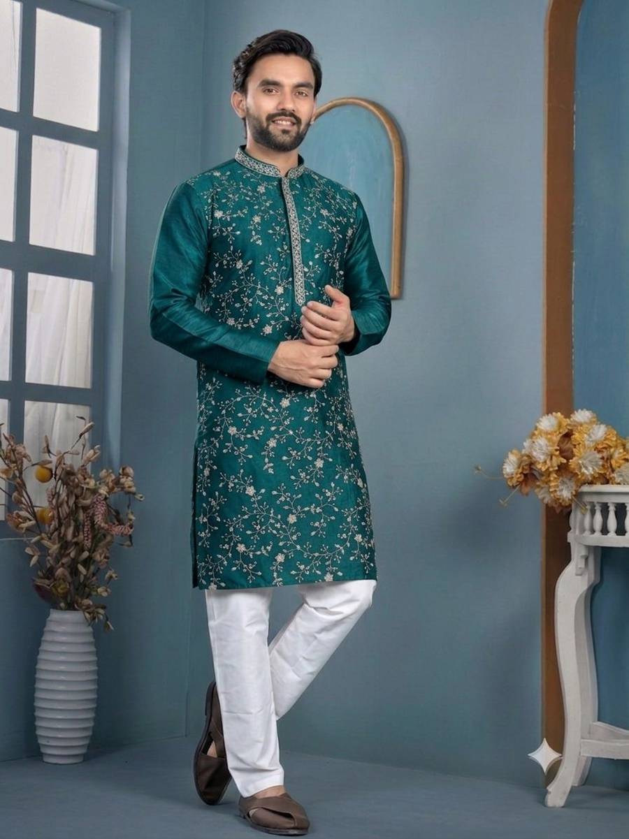 NEW ARRIVAL TRENDY SILK THREAD SEQUENCE WORK MEN'S KURTA PAYJAMA WEDDING WEAR WHOLESALE PRICE ETHNIC GARMENT (10)