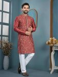 NEW ARRIVAL TRENDY SILK THREAD SEQUENCE WORK MEN’S KURTA PAYJAMA WEDDING WEAR WHOLESALE PRICE ETHNIC GARMENT (5)