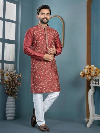 NEW ARRIVAL TRENDY SILK THREAD  SEQUENCE WORK MEN'S KURTA PAYJAMA GAJARI