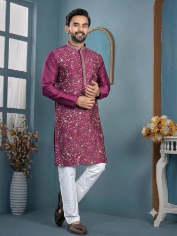 NEW ARRIVAL TRENDY SILK THREAD  SEQUENCE WORK MEN'S KURTA PAYJAMA WINE