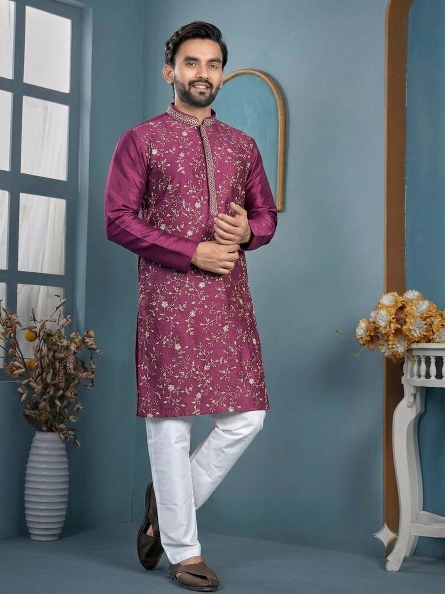 NEW ARRIVAL TRENDY SILK THREAD SEQUENCE WORK MEN'S KURTA PAYJAMA WEDDING WEAR WHOLESALE PRICE ETHNIC GARMENT (6)