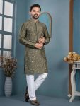 NEW ARRIVAL TRENDY SILK THREAD SEQUENCE WORK MEN'S KURTA PAYJAMA MEHNDI
